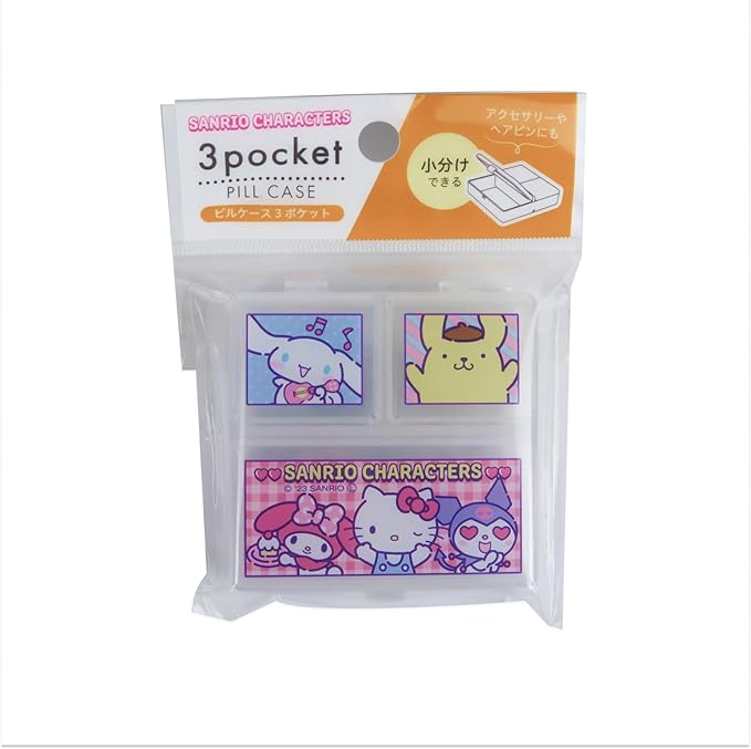Kawaii Character Travel Pill and Accessories Organizer - Kitty, Cinnamo-roll, Little Twin Stars, and My Melody Pocket-Size (3 Pocket Division (7.7 x 7.5 x 2cm))