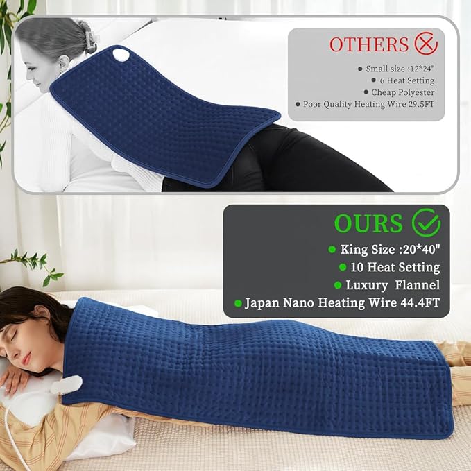 Electric Heating Pad for Back Pain Relief, Heating Pad for Period Cramps Neck and Shoulder,Knee,Arms,Legs, Auto Shut Off Moist Heat Machine Washable (c.Dark Blue 20x40, 10 Heating Temp -20x40)