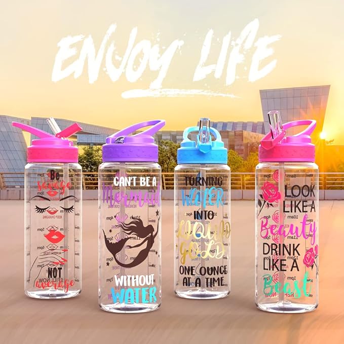 Home Tune 32oz Motivational Water Bottle with Straw & Time Marker, BPA FREE, Dustproof Flip Straw, Leak Proof, Easy Clean (Beauty & Beast)