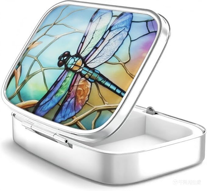 WATASSA Pill Box with Animal Style Mirror All-in-One 2-Compartment Portable Medicine Organizer, Marble Pattern Travel Pill Case for Vitamins&Daily Medication(Fits Pocket/Purse) (Iridescent Dragonfly)