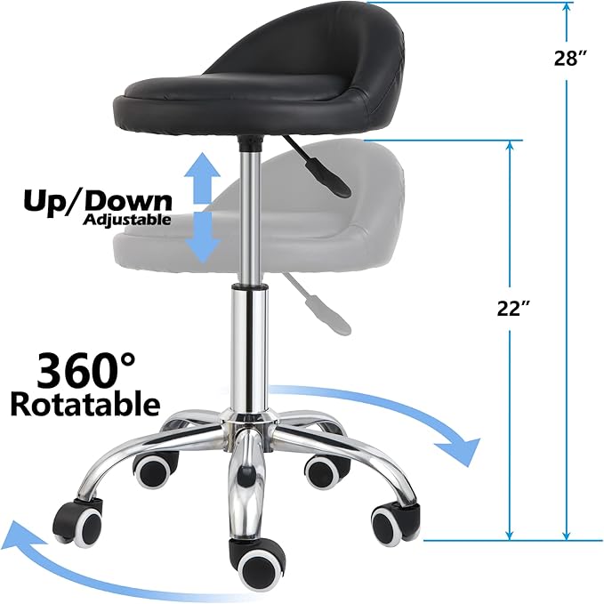 Hydraulic Rolling Stool with Back Support,300LB Capacity Black Adjustable Height Swivel Chair with PU Leather Seat and Lumbar Support,for Salon Spa Tattoo Massage Clinic Office