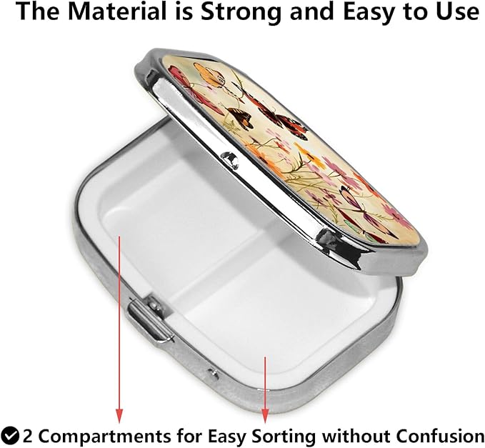 ABLESKY Pill Box, 2 Compartment Pill Organizer Case for Pocket or Purse, Small Portable Metal Travel Medicine Box with Mirror, Daily Vitamins Fish Oil Container-Aesthetic Butterfly Flowers