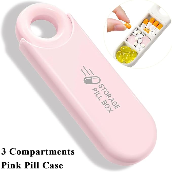 Small 3 Compartment Daily Pill Organizer, Portable Travel Size Pill Box with Pull Tab, Cute Carry-on Medicine Case Holder Dispenser for Vitamin, Fish Oil, DHA, Pink