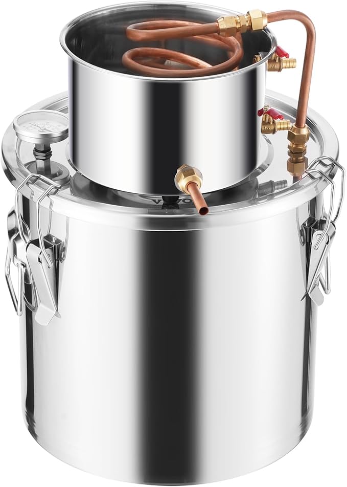 VEVOR Alcohol Still, 5 Gal / 19 L Stainless Steel Water Alcohol Distiller with Copper Coil, Home Brewing Refining Fermentation Kit with Thermometer, for Wine Whisky Brandy, Silver