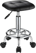 Square PU Cushion Rolling Stool with Wheels Height Adjustable Swivel Stools Office Chair Black