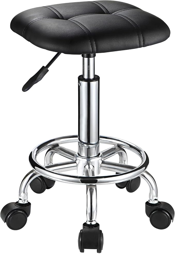 Square PU Cushion Rolling Stool with Wheels Height Adjustable Swivel Stools Office Chair Black