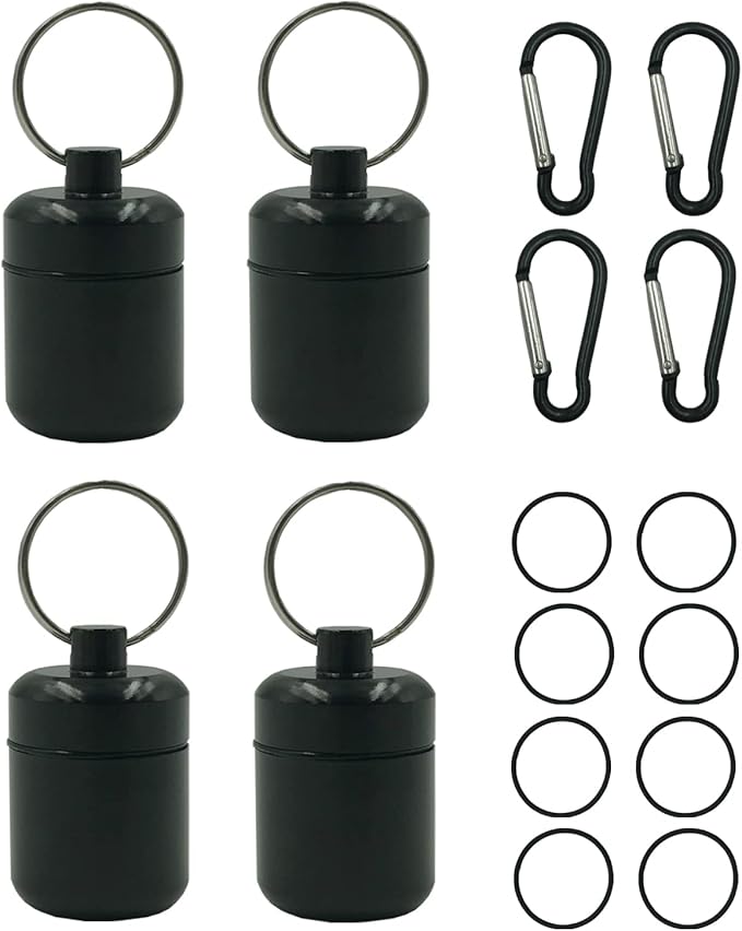 4 Pieces keychain pill holder,Waterproof Seal Small Pill Box Mountaineering Keychain Portable Aluminum Alloy Pill Container Portable Coin Storage earplug case (black)