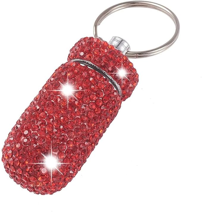 XhuangTech Waterproof Keychain Pill Box Bling Round Medicine Organizer Holder Container Aluminum Portable Mini Bottle Storage Case for Outdoor Travel Camping Purse Pocket (Red)
