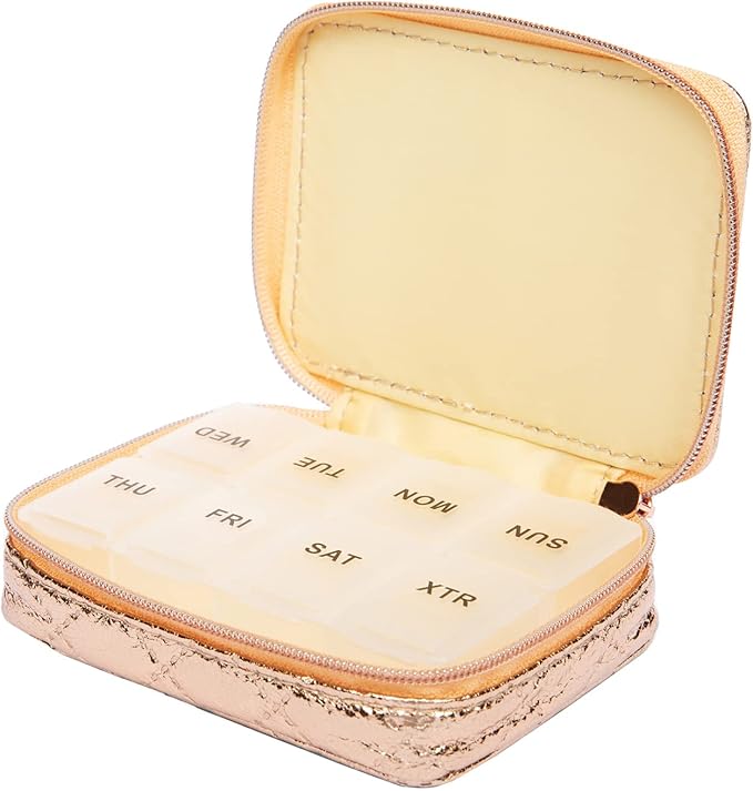 MIAMICA Women's Zippered Pill Case with 8-Day Removable Plastic Organizer, Rose Gold Quilted, 3.5” x 2.75” x 1.25” – Cute Weekly Medicine Box Compact Design