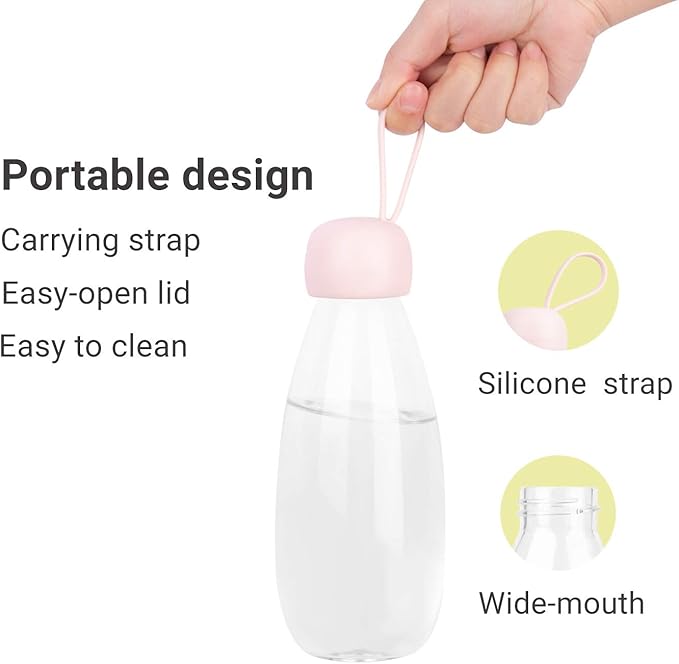 emoi BPA Free Water Bottle, 16oz/480ml Cute Water Bottle with Carrying Strap, Ideal for Kids Boys Girls Students Women Healthy Hydration-Pink