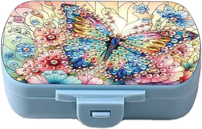 C'eitura DIY Flower Butterfly Diamond Art Painting Blue Pill Organizer with 6 Lid Detachable Compartments, Fun DIY Craft Project for Adults, Elegant Pill Case for Purse & Travel