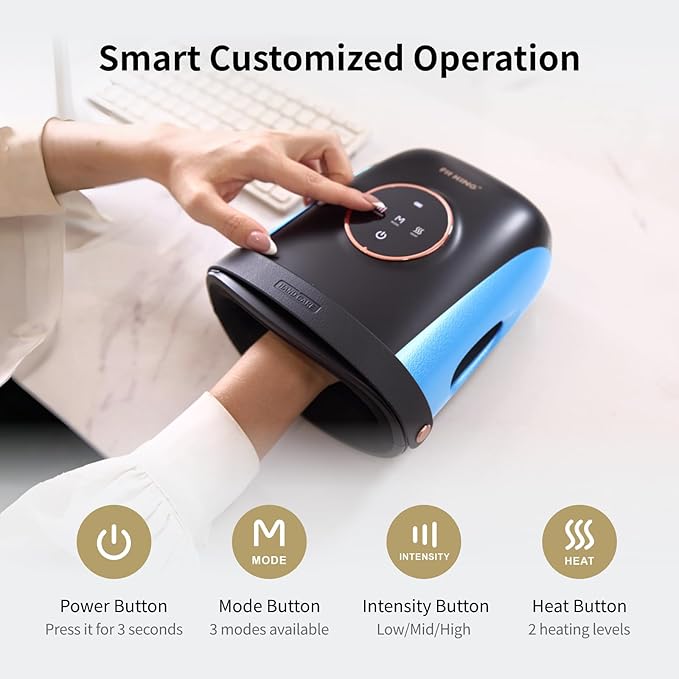 FIT KING Cordless Hand Massager with Compression & Heating, Fingers Wrap Massage for Arthritis Pain and Carpal Tunnel, Large Space for Both Men and Women (Blue)