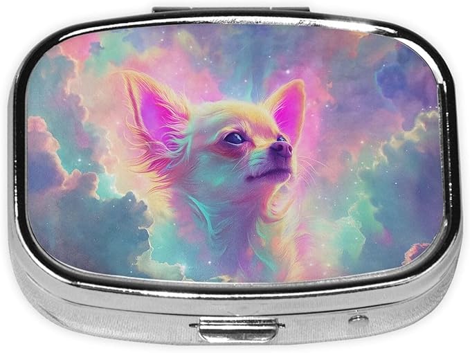 Dreamy Chihuahua in Cloud Pill Box with Mirror 2 Compartments Square Pill Organizer for Pocket