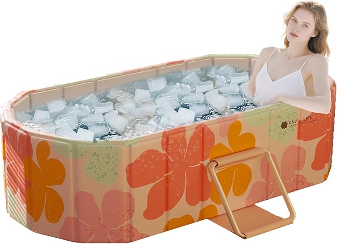 Gets 47" XL Oval Ice Bath Tub For Athletes,Portable Bathtub for Adults Foldable Soaking Standing Hot Bath Tub for Shower Stall,Separate Family Bathroom SPA (Pink,47"×22"×19")