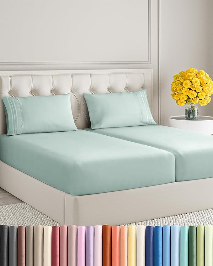 Split King Size 5 Piece Sheet Set - Extra Soft, Breathable And Cooling Sheets - Hotel Luxury Bed Sheets for Women & Men - Deep Pockets, Easy-Fit & Wrinkle-Free Sheets - Light Teal Oeko-Tex Bed Sheets
