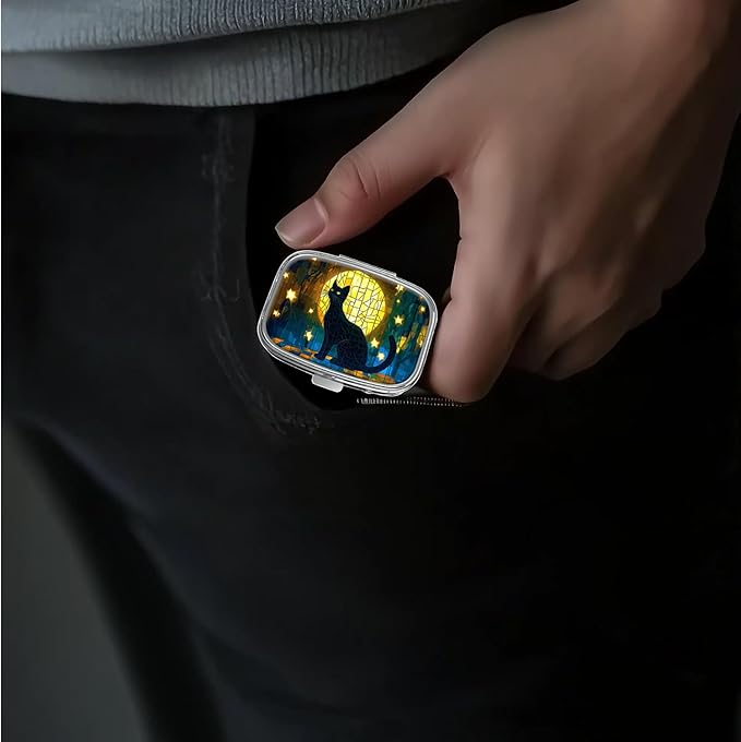 Pill Box-2 Compartment Small Pill Case Portable for Pocket & Purse Single Pill Carrier Pill Container to Hold Vitamins Medication Fish Oil and Supplements BPA-Free(Moon Cat)