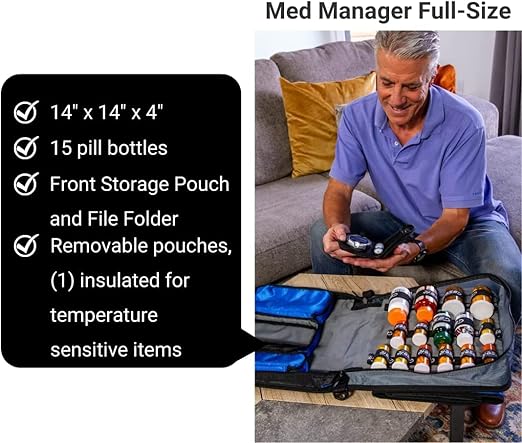 Med Manager Medicine Organizer and Portable Medical Binder, Holds (15) Pill Bottles - (11) Standard Size and (4) Large Bottles, Includes Removable 5-Tab File Folder, Black, 14 x 14 x 4 inches