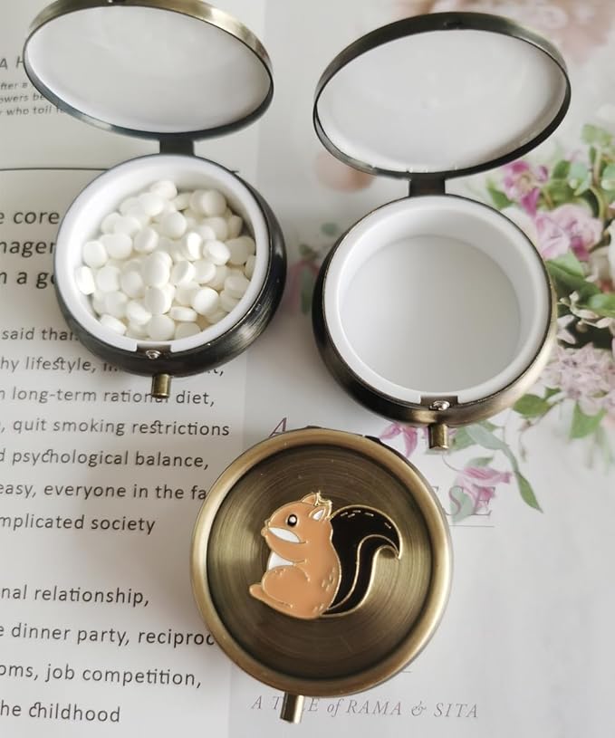 Cute Squirrel Pill Organizer Medicine Box - Small Round Portable Pill Box for Pocket, Bronze Durable Mini Pill Case for Purse, Decorative Metal Medicine Vitamin Organizer Classical Pill Holder