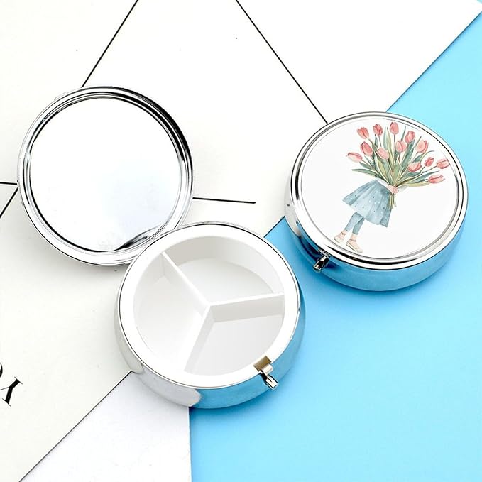 A Big Bouquet of Tulips Pill Box Travel Pill Case for Purse Pocket Weekly Medicine Organizer with Mirror 3 Compartment Round Medicine Case Portable PillcaseHolder for Daily