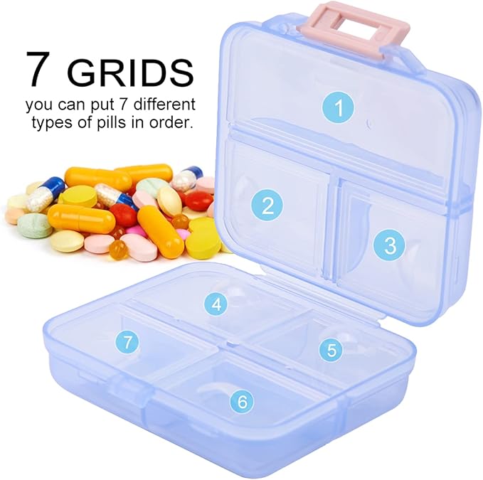7 Grids Weekly Pill Box Portable Medicine Storage Box Foldable Drug Case Tablet Organizer for Travel (Blue)