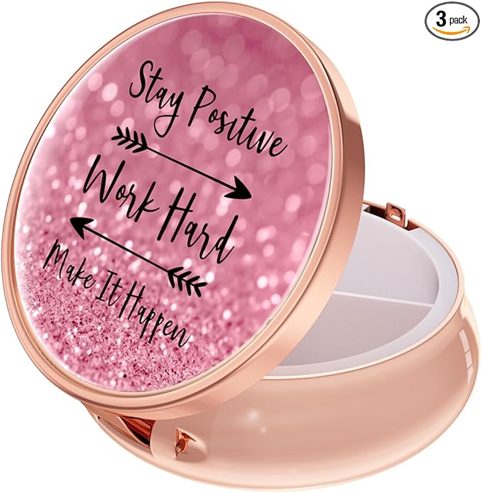 Rouidr Pill Box, 3 Compartment Medicine Pill Case, Small Metal Travel Medicine Box for Purse & Pocket, Rose Gold, Work Hard