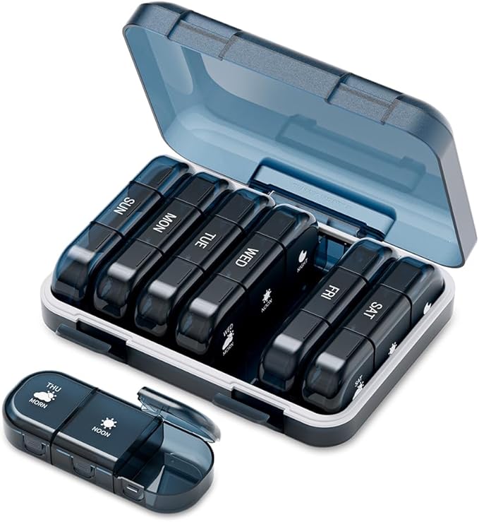 7 Day Weekly Pill Organizer - 3 Times a Day, Waterproof Travel Pill Box for Vitamins & Fish Oil