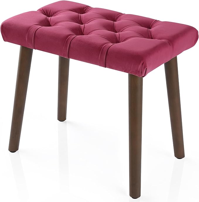 AKLOT Velvet Upholstered Piano Bench: Rubberwood Legs with 300-Pound Load Capacity, Ergonomically Set Seat Height, Easy Assembly, Purpose Keyboard Stool for Vanity, Bedroom and Living Room (Wine Red)