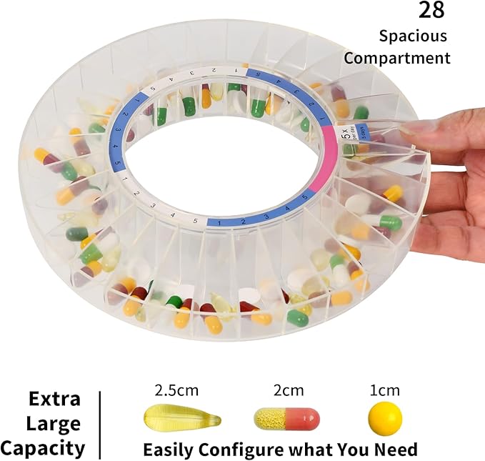 Automatic Pill Dispenser with Safety Lock, Flashing Light, Sound, Alarm, 28-Day Electronic Medication Dispenser for Vitamins and Tablets Up 6 Times/Day, Easy Read Display, Clear Lid