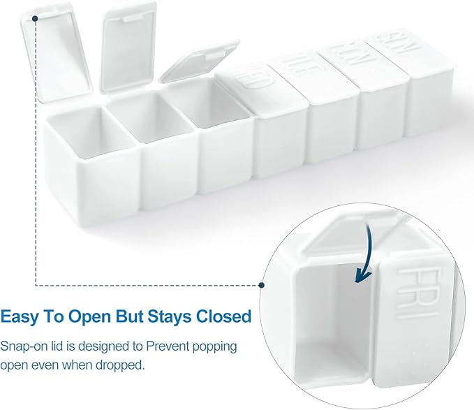 Weekly Small Pill Organizer, 7 Day Pill Case, Daily Vitamin Case Medicine Box, Pill Containers for Medicine Supplements Fish Oil(2Pcs,White)