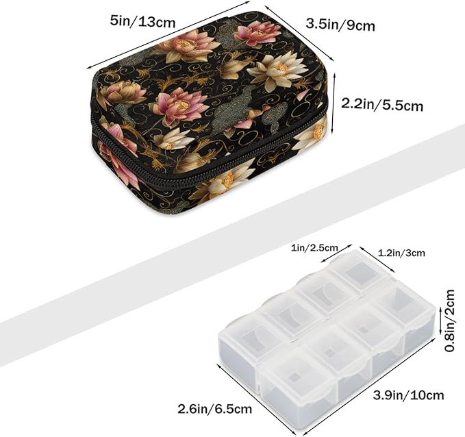 Lotus Ethnic Style Pill Case Everyday Travel, 7 Day Weekly Medicine Pill Box Compact Portable Pills Bottle Organizer with Zipper for Daily Vitamin Medicine Holder Bottle Organizers Bag