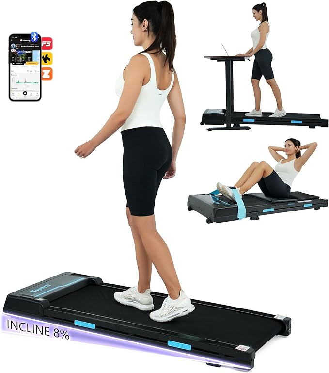 Ksports Walking Pad & Folding Treadmill – 2.5HP, Sit-Ups Mat, Bluetooth App, Portable Wheels | Incline, Desk, Dual Displays, 308 lbs & 265lbs Capacity