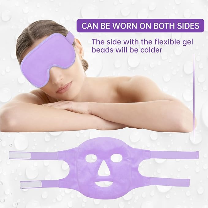 ZNÖCUETÖD Cooling Ice Face Eye Mask for Reducing Puffiness, Bags Under Eyes,Sinus,Redness,Pain Relief,Dark Circles, Migraine,Hot/Cold Pack with Soft Plush Backing (Purple(1* Eye Mask+1*Face Mask))