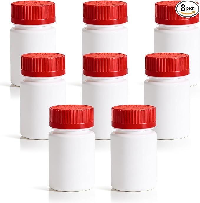 DEMORA Pill Bottle Empty with Child Resistant Cap, Wide Mouth Travel Small Pill Bottle Plastic Medicine Containiers Medicine Organizers for Medications Capsules (2 oz, 8 Pcs)