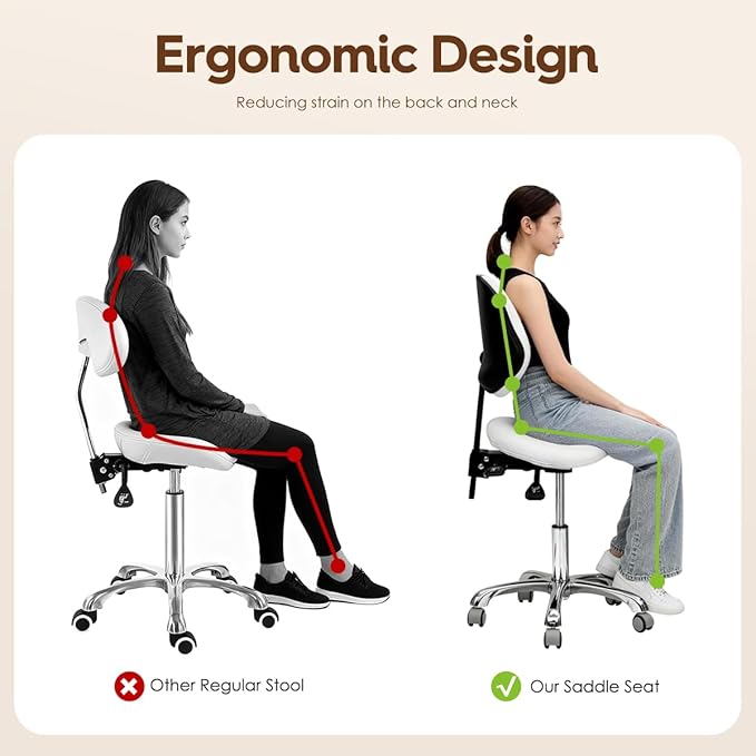 Saddle Stool Rolling Chair for Medical Massage Salon Kitchen Spa Drafting,Adjustable Hydraulic Stool with Wheels (White, with Backrest)