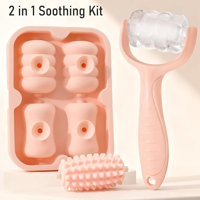 Ice Roller for Face, Reusable Facial Ice Roller for Eyes, Face, and Neck, 2 in 1 Massage Roller with Ice Face Mold and Silicone Textured Roller Head for Skin Care and Puffiness & Pain Relief, Pink