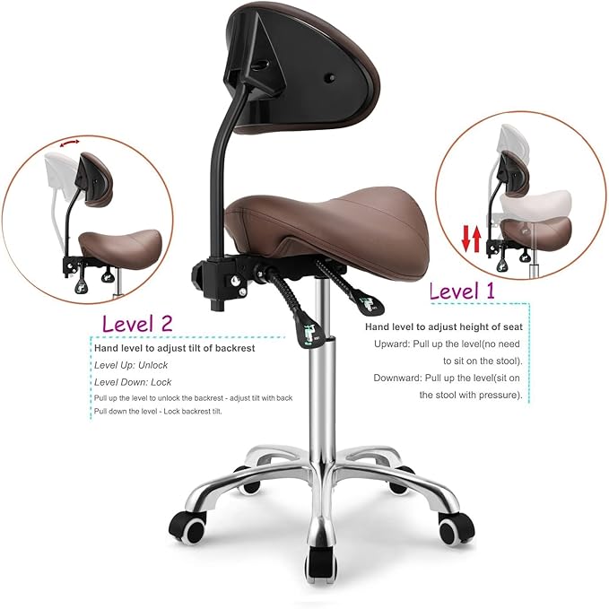 Kaleurrier Saddle Stool Rolling Swivel Height Adjustable with Wheels,Heavy Duty Anti-Fatigue Ergonomic Saddle Chair for Hair Beauty Salon Lab Dental Massage Office Home Kitchen (with Back, Coffee)