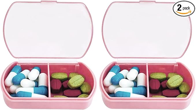 2PCS Small Pill Case Travel Pill Box Cute Pill Organizer for Purse Portable Daily Medicine Organizer 2 Compartment Pill Holder for Vitamins, Fish Oil, Supplements