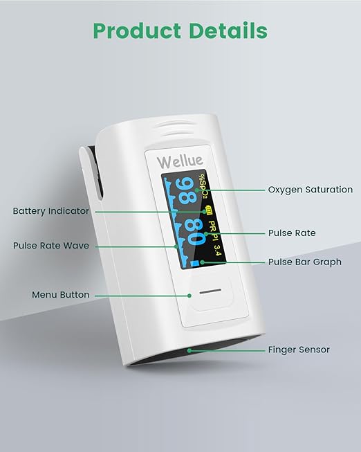 Wellue Bluetooth Pulse Oximeter Fingertip, Blood Oxygen Saturation Monitor with Built-in Memory, OLED Screen, Batteries, Free APP, Carry Bag & Lanyard