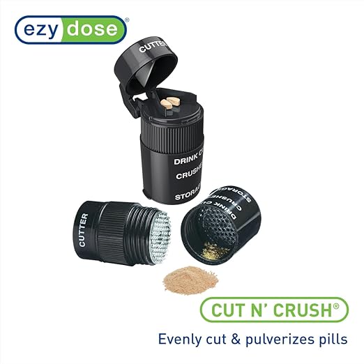 EZY DOSE 3 Compartment Pill Crusher, Cutter and Grinder, Daily Usage, Safely Cut Pills, Vitamins, Tablets, Accurate and Easy Cutting, Stainless Steel Blade, Removable Drinking Cup, Black, BPA Free