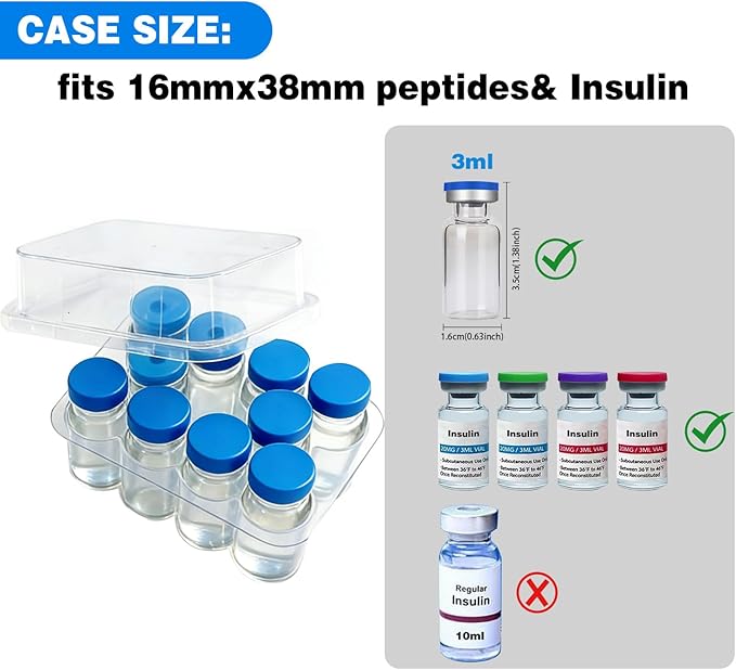Peptide Case for Fridge, Vial Holder for Refrigerator, Holds 1-3ml Vials, Click-Closure Stackable Organizer for Insulin/Peptides/GLP-1, Semi-Transparent