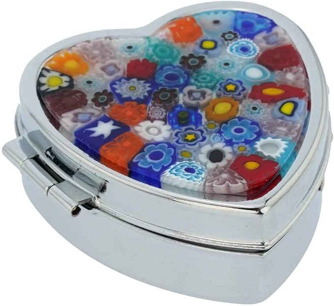 Glass Of Venice Murano Millefiori Heart Pill Box - Multicolor