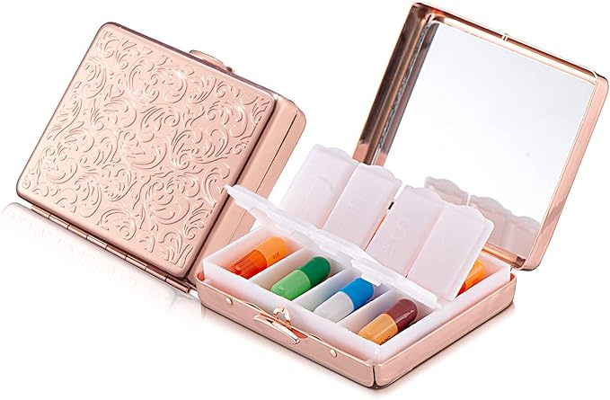 Portable Metal Travel Medicine Box with a Mirror / 8 Compartments (Rose Gold)