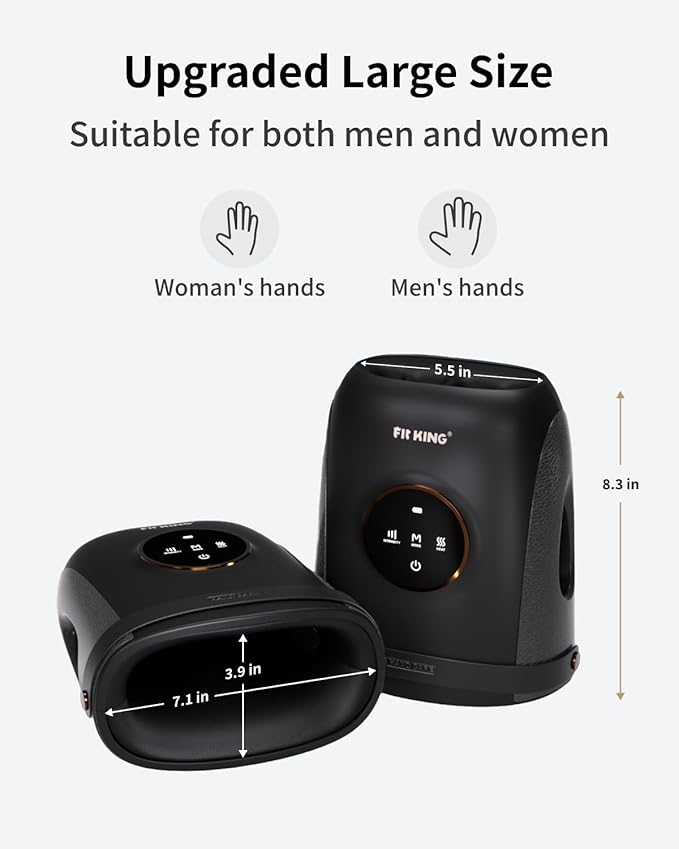 FIT KING Cordless Hand Massager with Compression & Heating, Fingers Wrap Massage for Arthritis Pain and Carpal Tunnel, Large Space for Both Men and Women (Black)