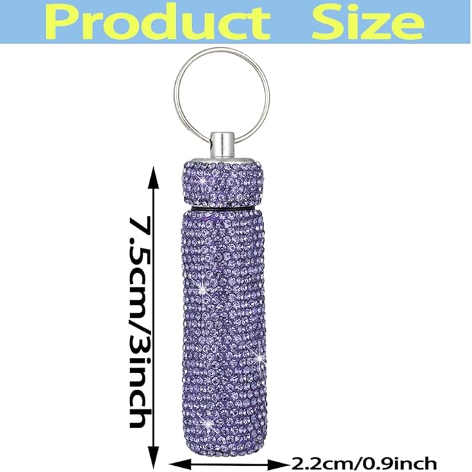 Bling Rhinestone Pill Case Portable Waterproof Pocket Pill Holder Bottle Storage with Keychain for Travel, Outdoor, Camping (Purple)