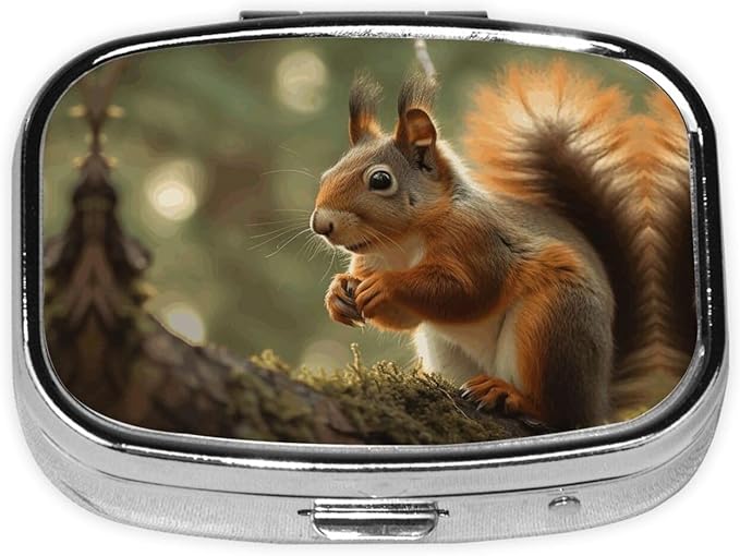 Square Pill Box 2 Compartment Medicine Pill Case Wildlife Forest Squirrel Pill Box for Purse Pocket Waterproof Metal Pill Container Portable Pill Holder Mini Pill Organizer for Travel or Daily
