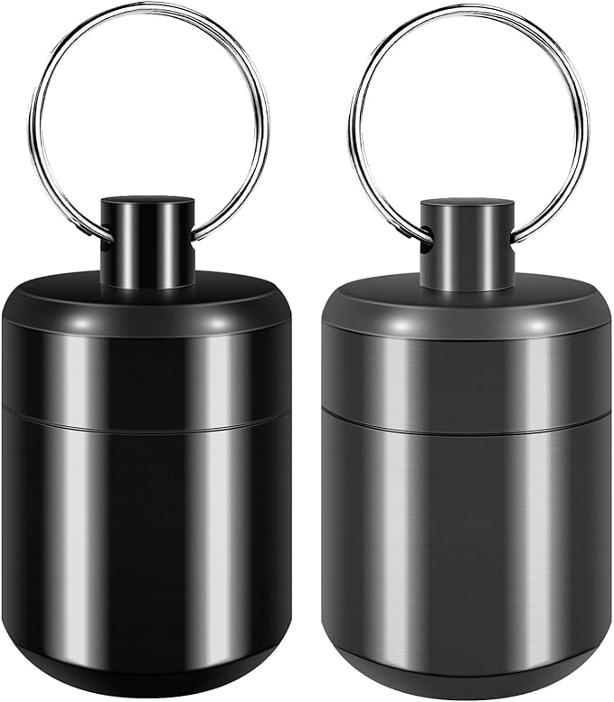 Pill Keychain Holder - 2pcs Small Pill Box Waterproof Pills Fob Organizer Portable Ring Holder Keychain for Purse (Black+Gray)