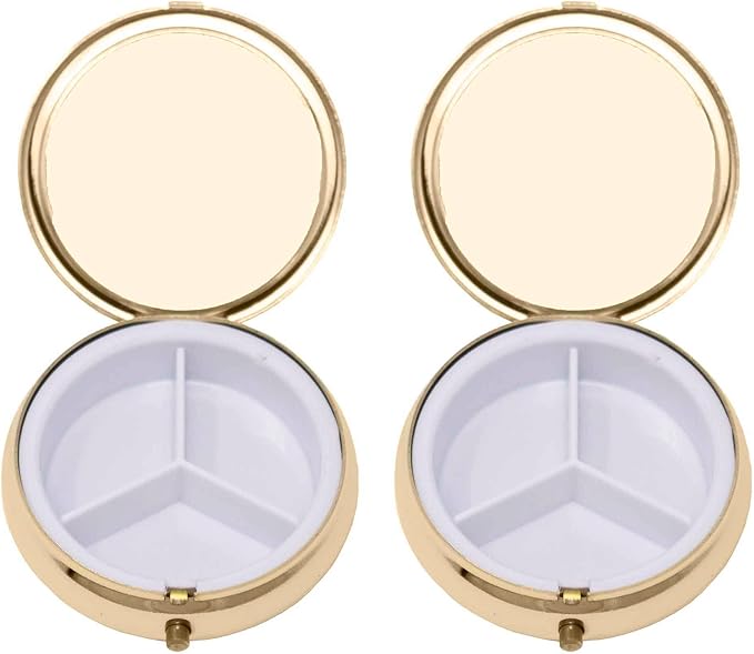 Set of 2 Circular Embossed Triple-Compartment Pocket Purse Pill Box & Organizer (Gold Ridge)