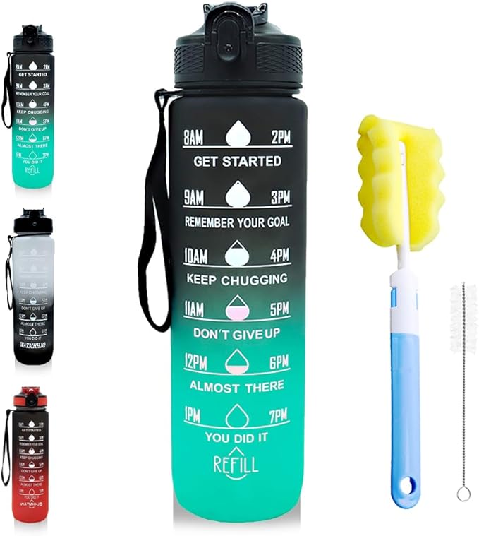 32oz Sports Water Bottle Outdoor, with Drinking Time and Capacity Labels, Sport Water Cups with Straw,BPA Free Leak Proof,for Fitness Gym Running Climbing(Black green)