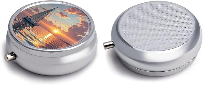 Sailboat and Sunset Pill Box Travel Pill Case for Purse Pocket Weekly Medicine Organizer with Mirror 3 Compartment Round Medicine Case Portable PillcaseHolder for Daily