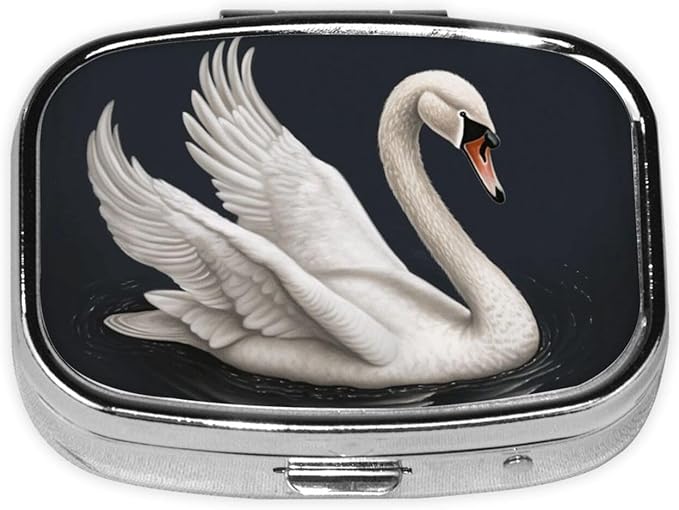 Square Pill Box 2 Compartment Medicine Pill Case White Swan Pill Box for Purse Pocket Waterproof Metal Pill Container Portable Pill Holder Mini Pill Organizer for Travel or Daily